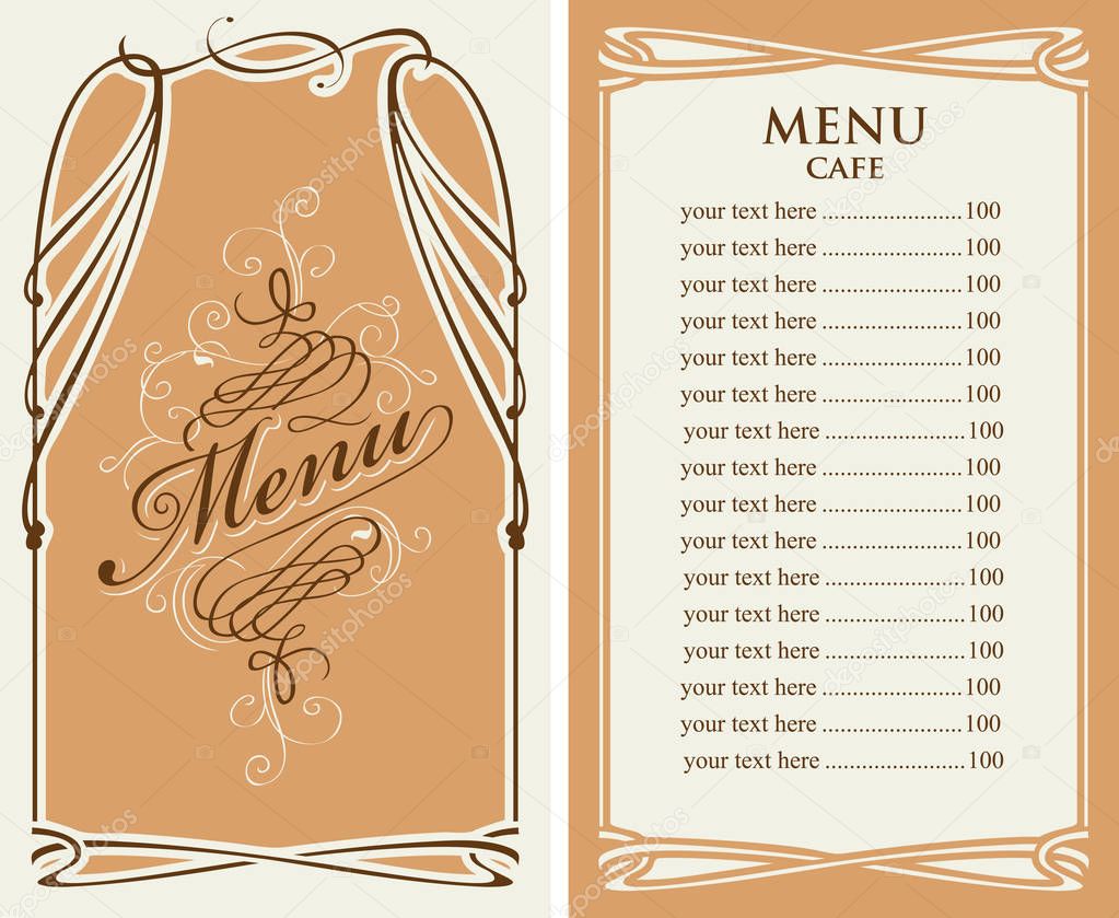 menu for cafe with price list and curlicues frame