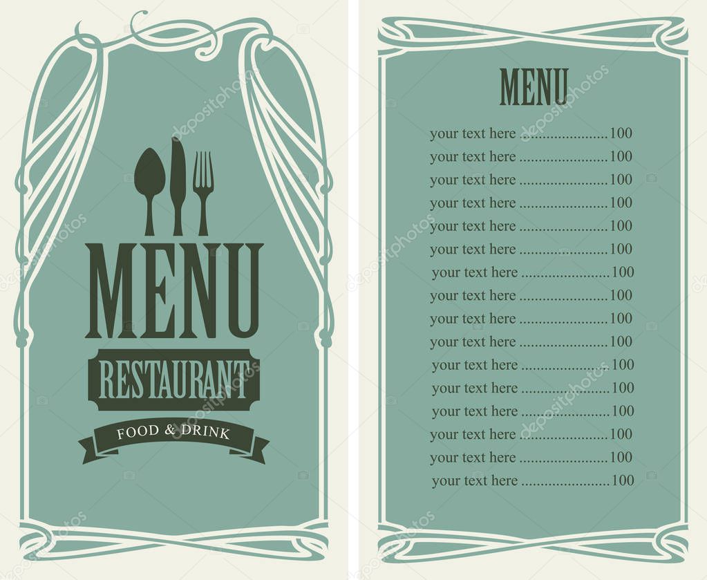 menu for restaurant with price list and flatware