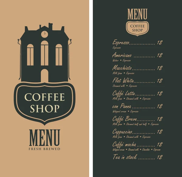 Menu dla coffee shop z stary dom i ceny — Wektor stockowy