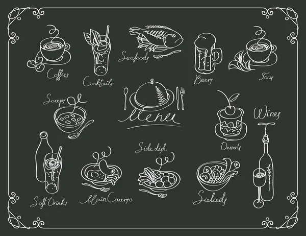 Vektormenü mit Skizzen verschiedener Gerichte — Stockvektor