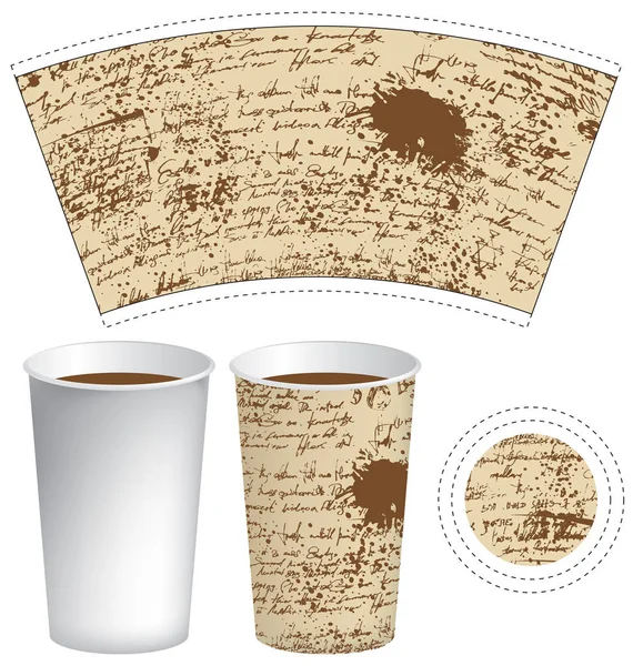 Copo de papel modelo com a textura do manuscrito — Vetor de Stock