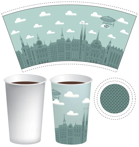 Template paper cup with the background of old town — Stock Vector