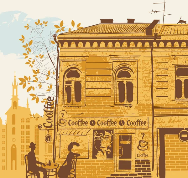 Paysage urbain avec cafés de rue et couple d'amour — Image vectorielle