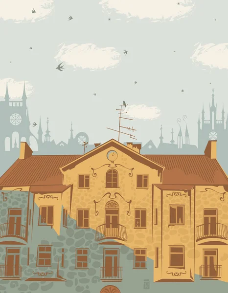Векторный пейзаж с крышами старого города — стоковый вектор