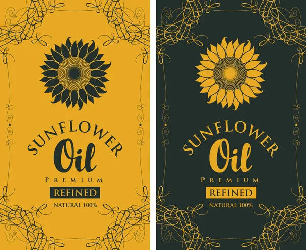 Set etichette per olio di girasole raffinato con curlicue — Vettoriale Stock