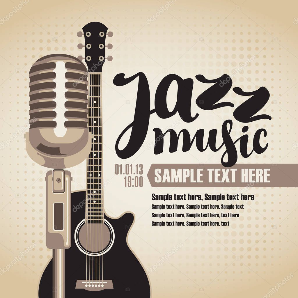 Vector banner with an acoustic guitar and a microphone for the concert of jazz music on light background in retro style with inscription
