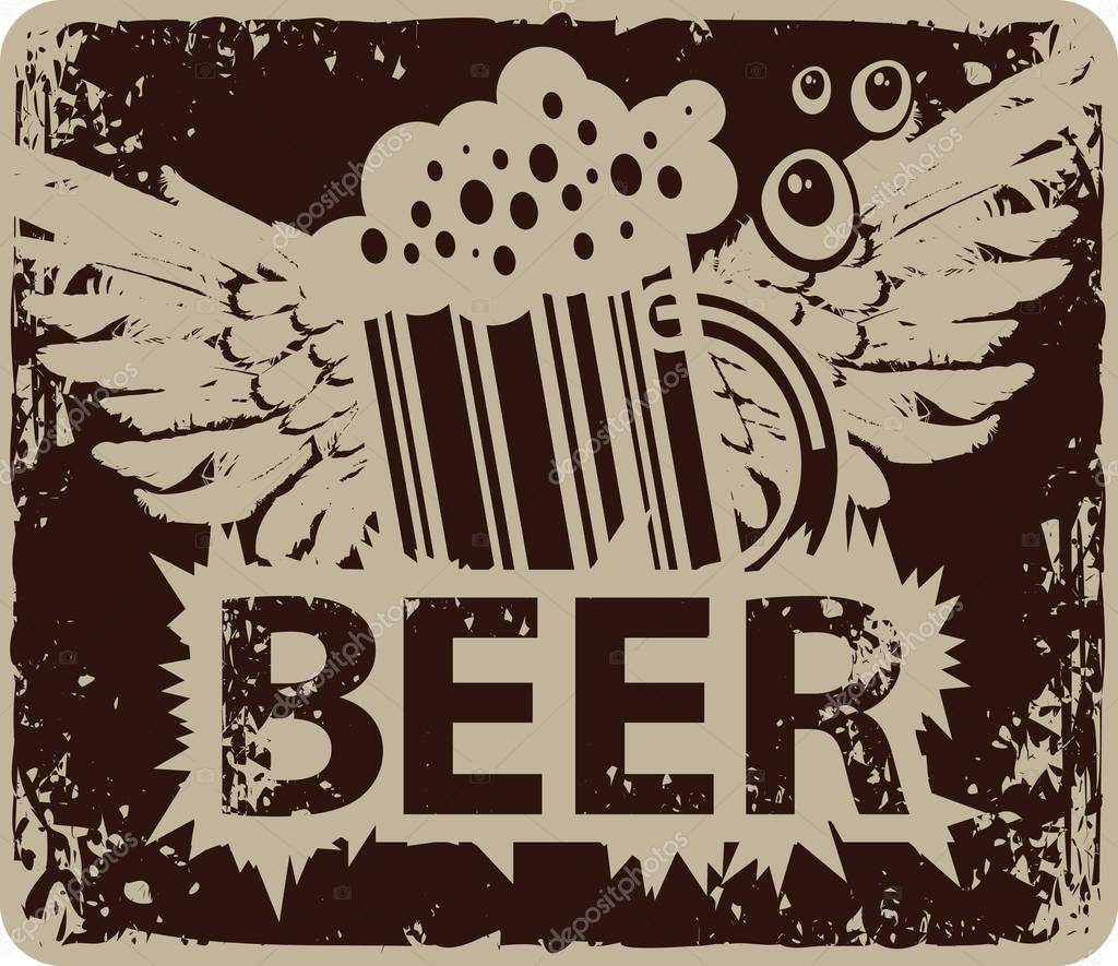 Vector banner with a overflowing glass of beer and wings in retro style