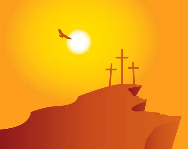 Montagne Calvaire avec croix avec ciel et soleil — Image vectorielle