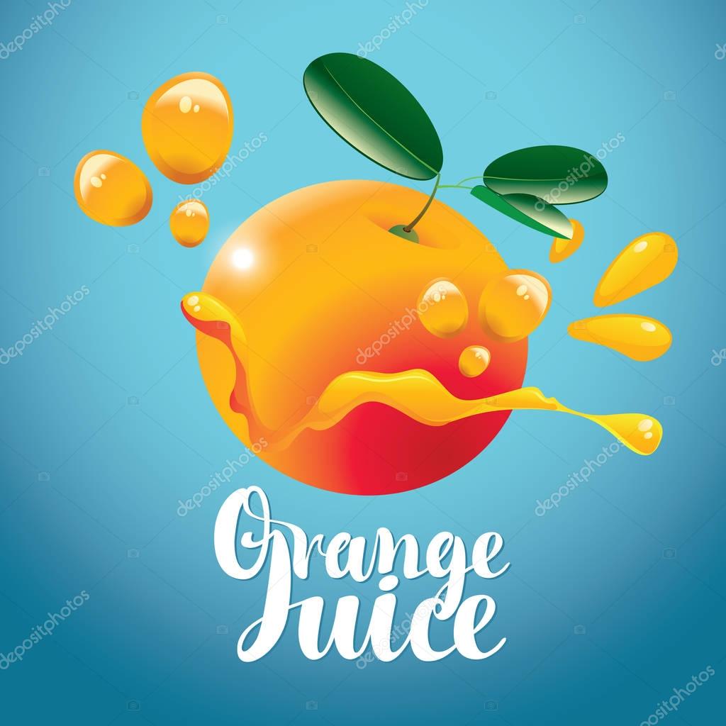 Vector banner with orange fruit, juice drops and inscription orange juice on blue background