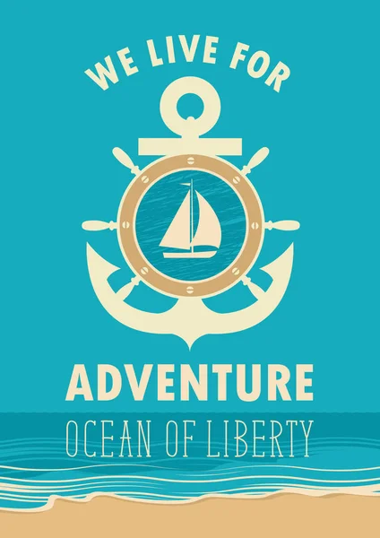 Banner de viaje con ancla, velero y timón de barcos — Vector de stock