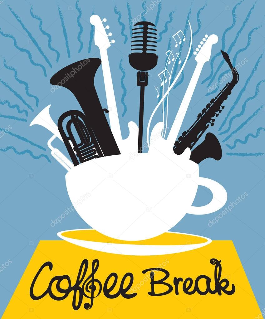 cup of coffee with different musical instruments