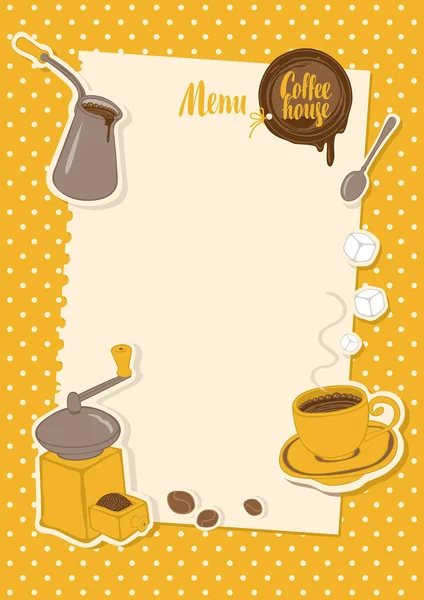 Menú con una taza, azúcar, cezve y molinillo de café — Vector de stock