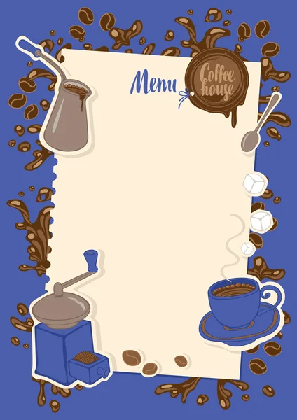 Menu met een cup, suiker, cezve en koffie molen — Stockvector