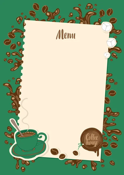 Koffie menu met cup, suiker en vel papier — Stockvector