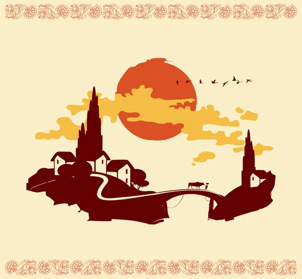 Chinese mountain village landscape with bridge Royalty Free Stock Illustrations