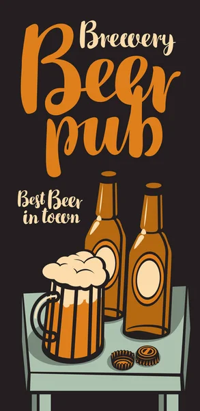 Pancarta con botellas de cerveza y vidrio sobre la mesa — Archivo Imágenes Vectoriales