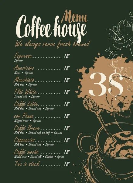 Coffee menu Ceník a šálek horké kávy — Stockový vektor