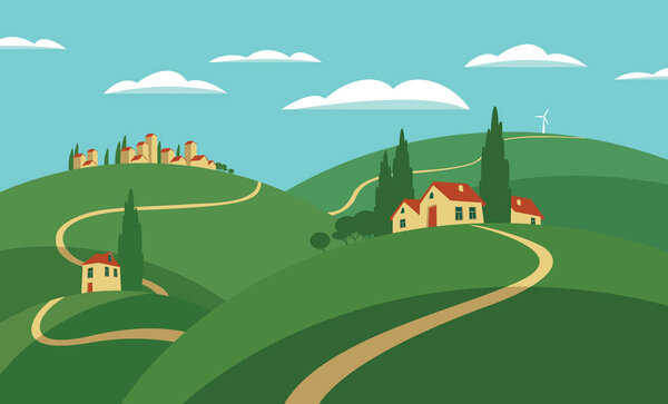 Пейзаж с холмами, дорогами и поселениями
