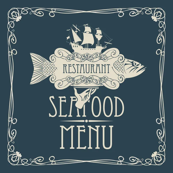 Menu de frutos do mar com mão, bandeja, peixe, navio à vela — Vetor de Stock