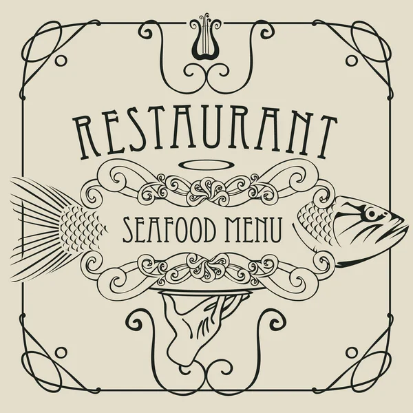 Seafood restaurant menu with hand, tray and fish — Stock Vector