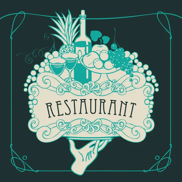 Menu restaurant avec main, plateau et nature morte — Image vectorielle
