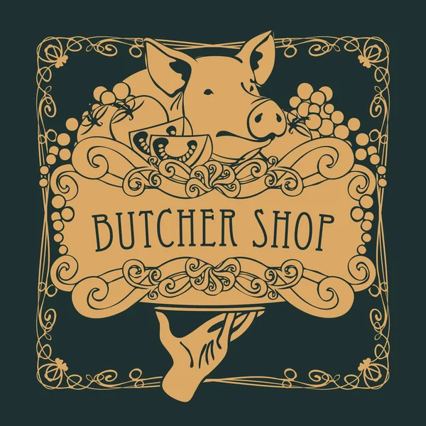 Poster for the butcher shop with a piglet on tray — Stock Vector