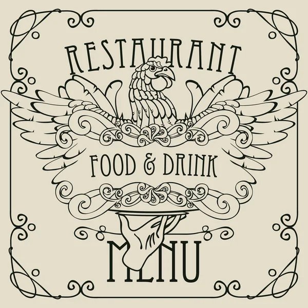 Menu restaurant avec la main, plateau et poulet — Image vectorielle
