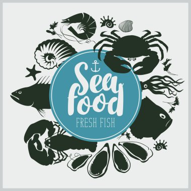 Deniz sakinleri ve yazı ile deniz ürünleri amblemi