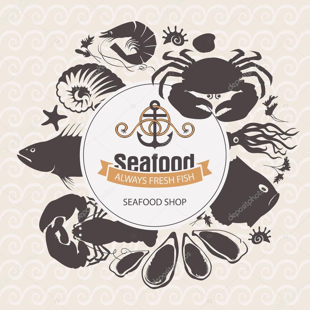 seafood emblem with sea inhabitants and lettering