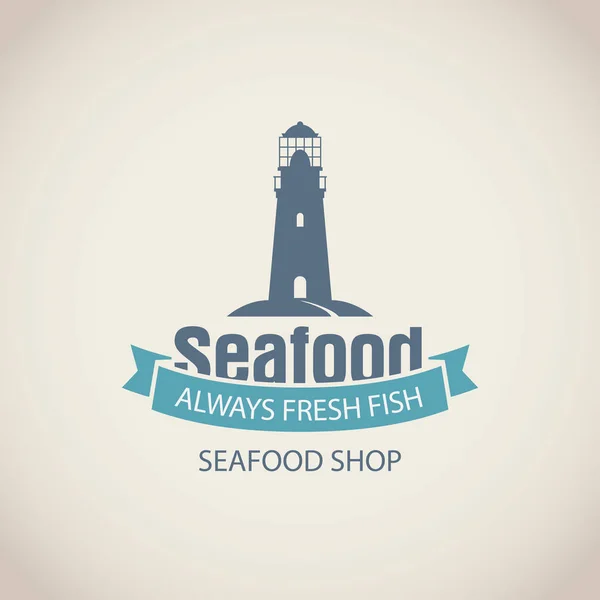 Banner for seafood shop with lighthouse and words — Stock Vector