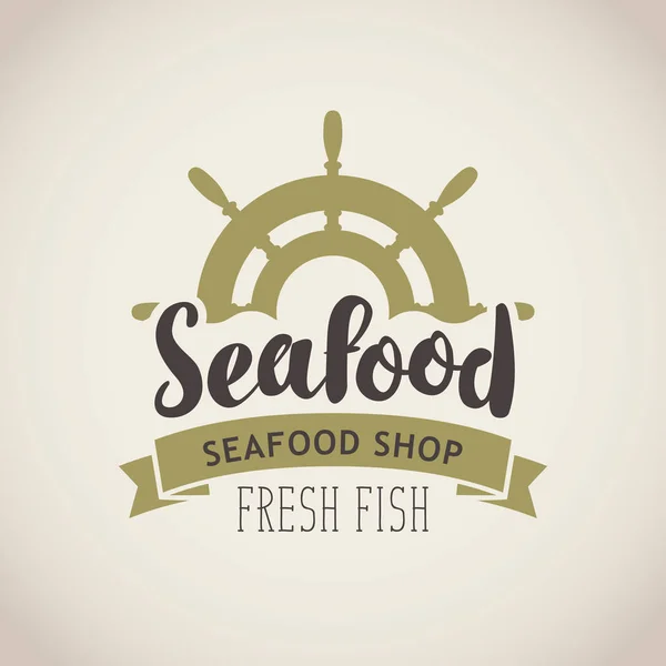 Banner for seafood with ship helm, wave and words — Stock Vector