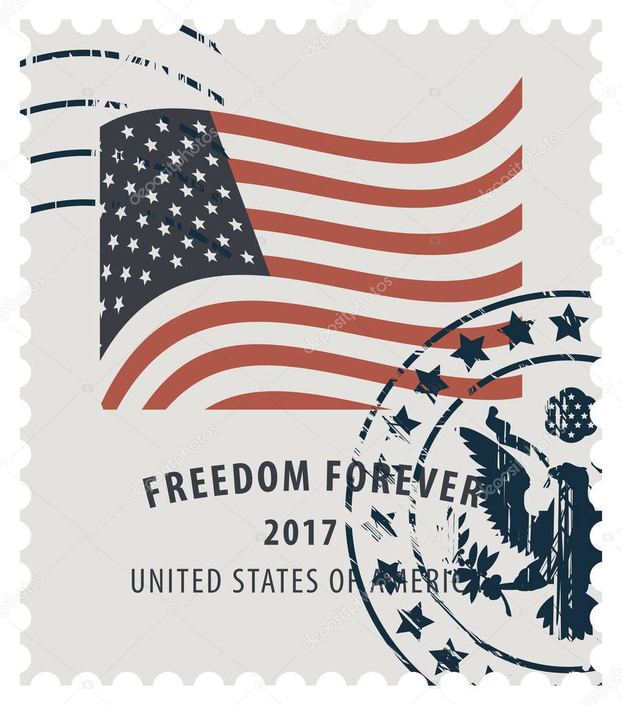Postage stamp with writing and image of the American flag. Vector illustration of USA stamp with a scratched print.