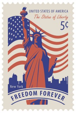 statue of Liberty in background of nyc and flag clipart