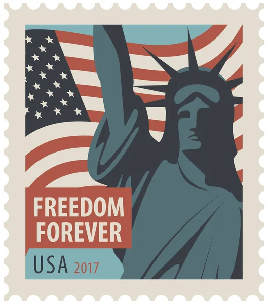 Timbre-poste avec Statue de la Liberté et drapeau USA — Image vectorielle