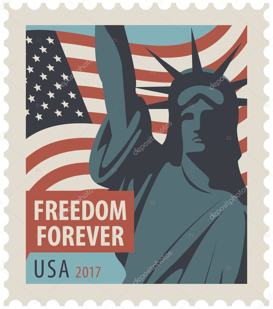 Postage stamp with New York Statue of Liberty, the flag of United States of America and the word freedom forever.