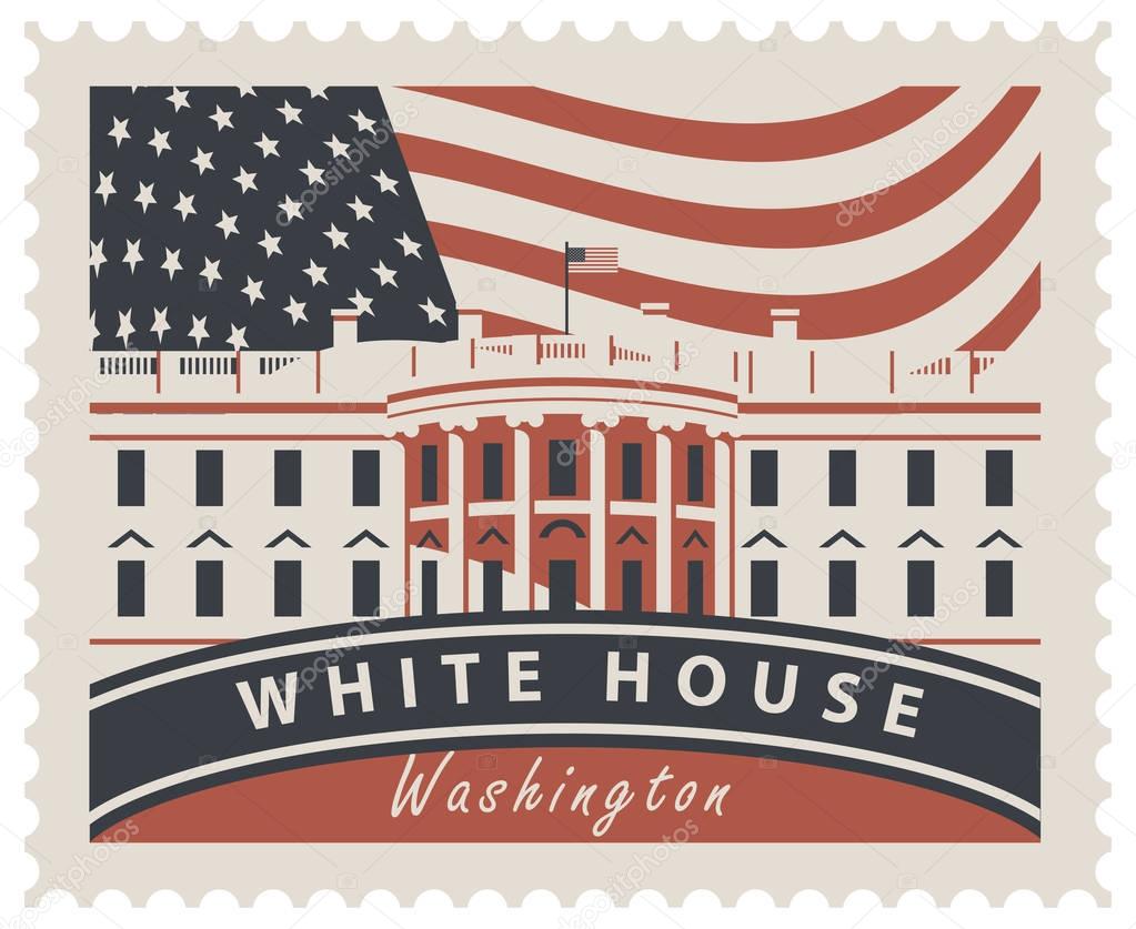 Postage stamp with White House and flag USA
