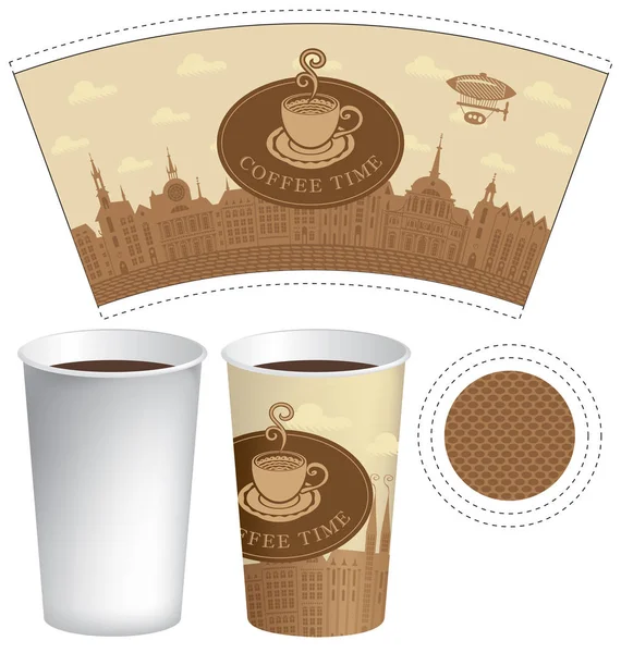 Modèle tasse en papier avec la vieille ville et tasse à café — Image vectorielle