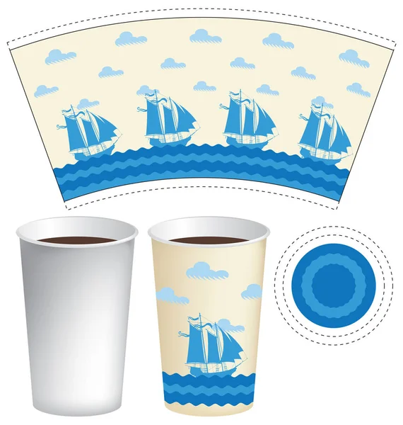 Template paper Cup dengan kapal layar di laut - Stok Vektor