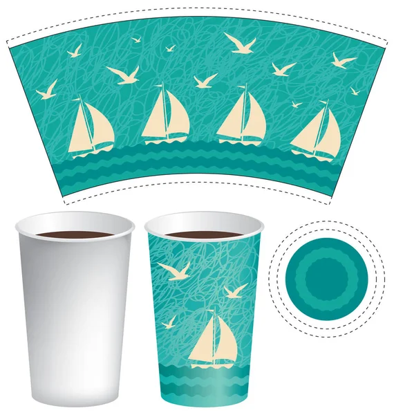 Template paper Cup dengan perahu layar di laut - Stok Vektor