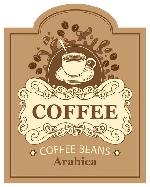 Label voor de arabica koffiebonen met cup en splash — Stockvector