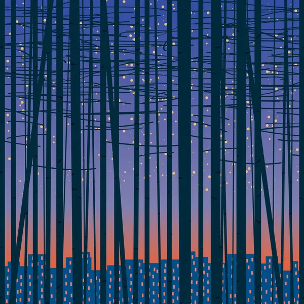 Vector bakgrund med en skogsdunge mot staden — Stock vektor