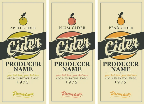 Vector etiketter för cider med äpple, plommon och päron — Stock vektor