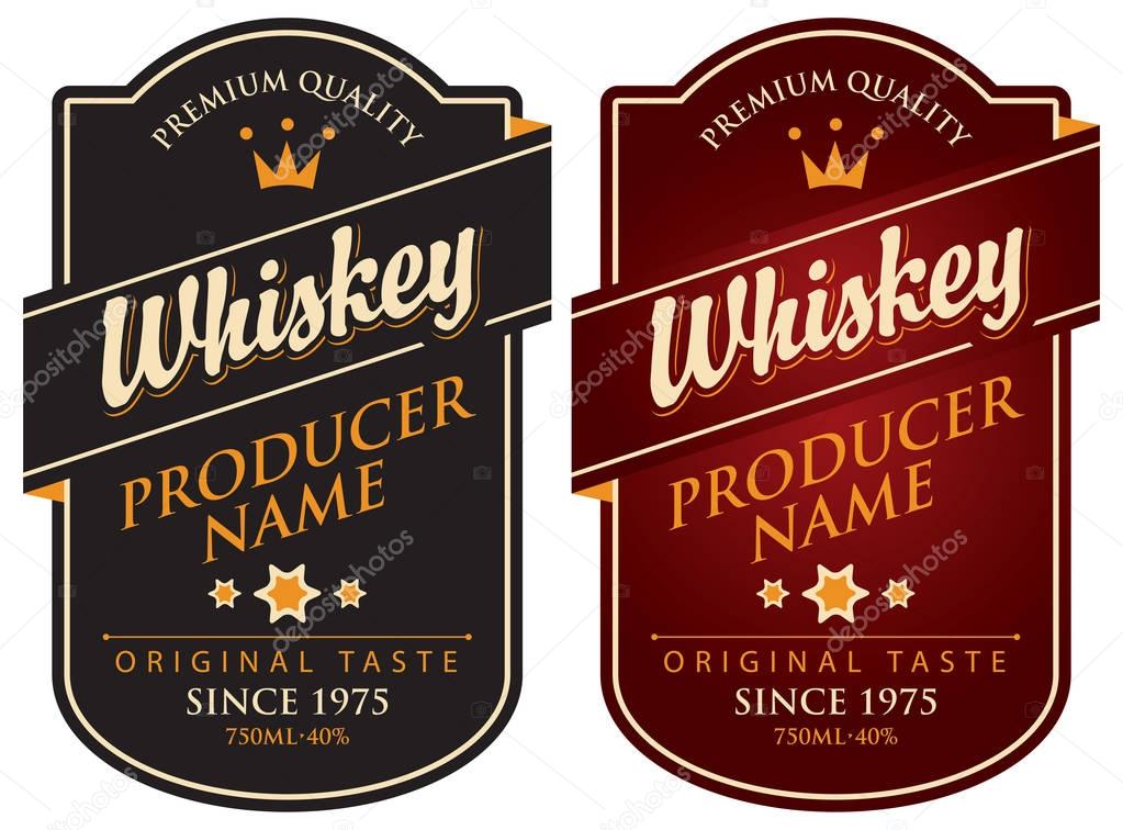 Vector set of two labels for whiskey in the curly frame with crown and inscription on dark background in retro style