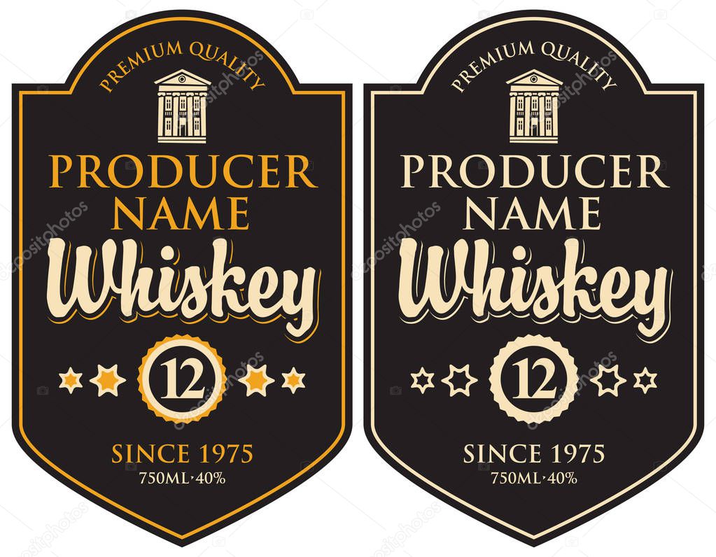 Vector set of two labels for whiskey in the curly frame with old building and inscription in retro style on black background