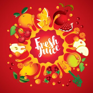 Banner with fruit, and splashes fresh juice clipart