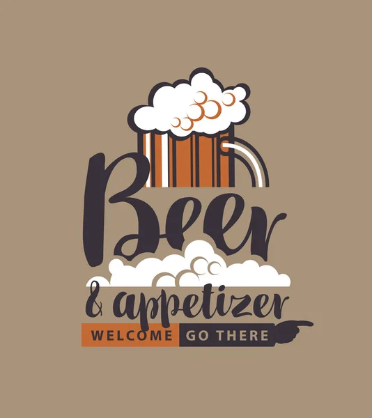 Banner com copo de cerveja, ponteiro e inscrição — Vetor de Stock