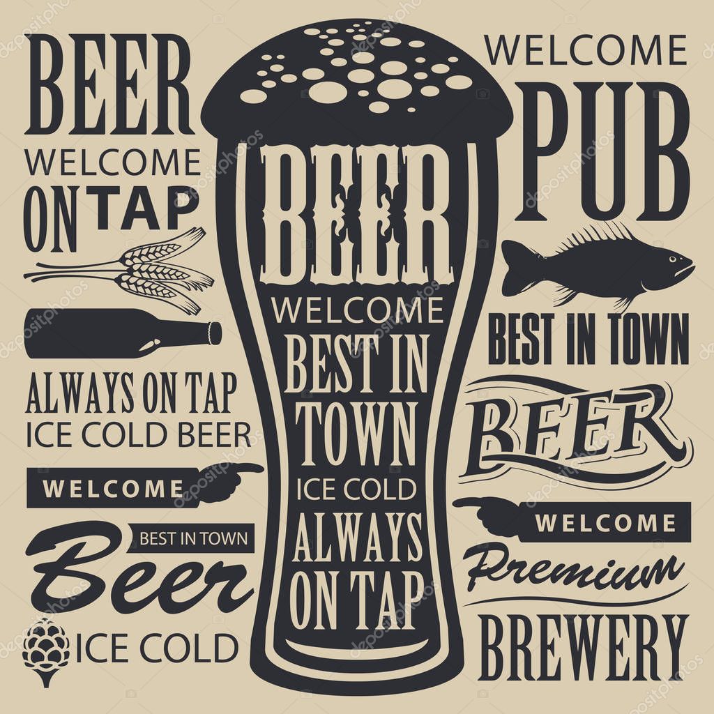 Vector banner for brewery or brasserie with overflowing beer glass and lettering on the beer theme in a retro style on the beige background