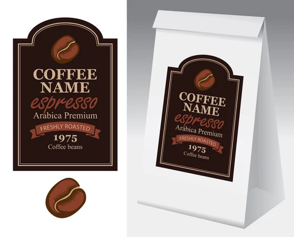 Papierverpackung mit Etikett für Kaffeebohnen — Stockvektor