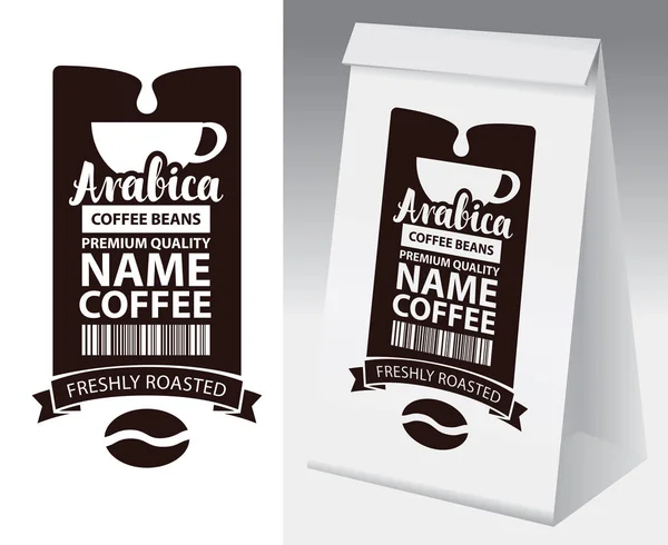Papierverpackung mit Etikett für Kaffeebohnen — Stockvektor