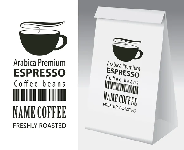 Embalaje de papel con etiqueta para grano de café — Vector de stock